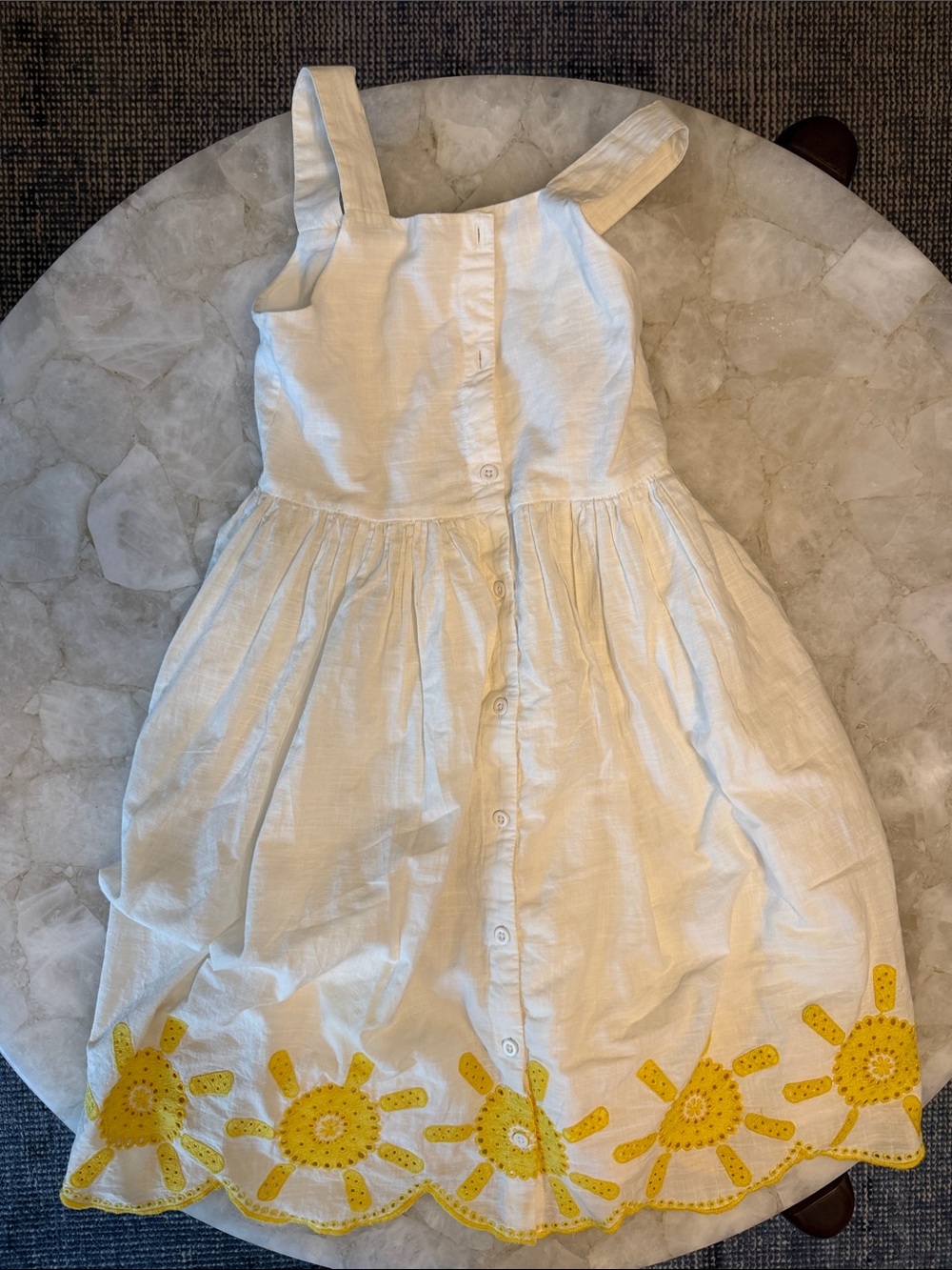 Mini Boden Cream Sundress with Yellow Sun Embroidery